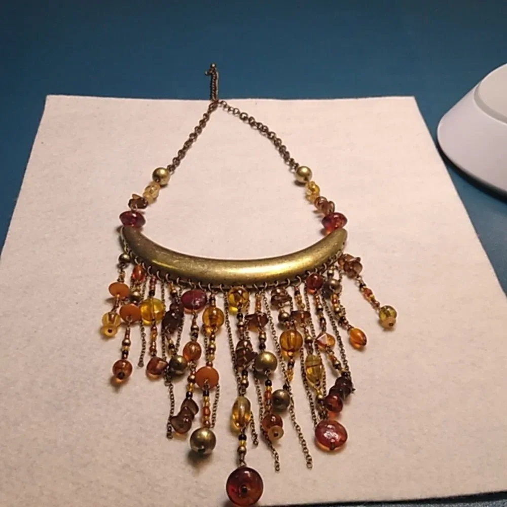 Elegant Gold and Brown Chain/Beaded Statement Necklace Boho Granny Chic - Picture 4 of 7